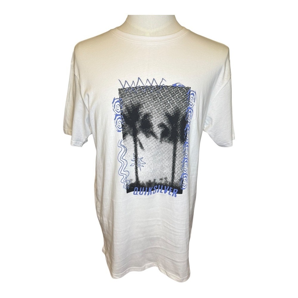 Quiksilver Graphic T-Shirt Palm Tree Print White Blue Mens Size Medium‎ NWT
